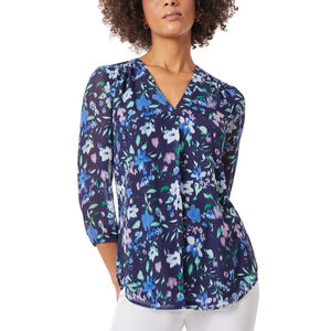 Jones New York Women's Petite Small Blue Floral-Print V-Neck 3/4-Sleeve Top NWT